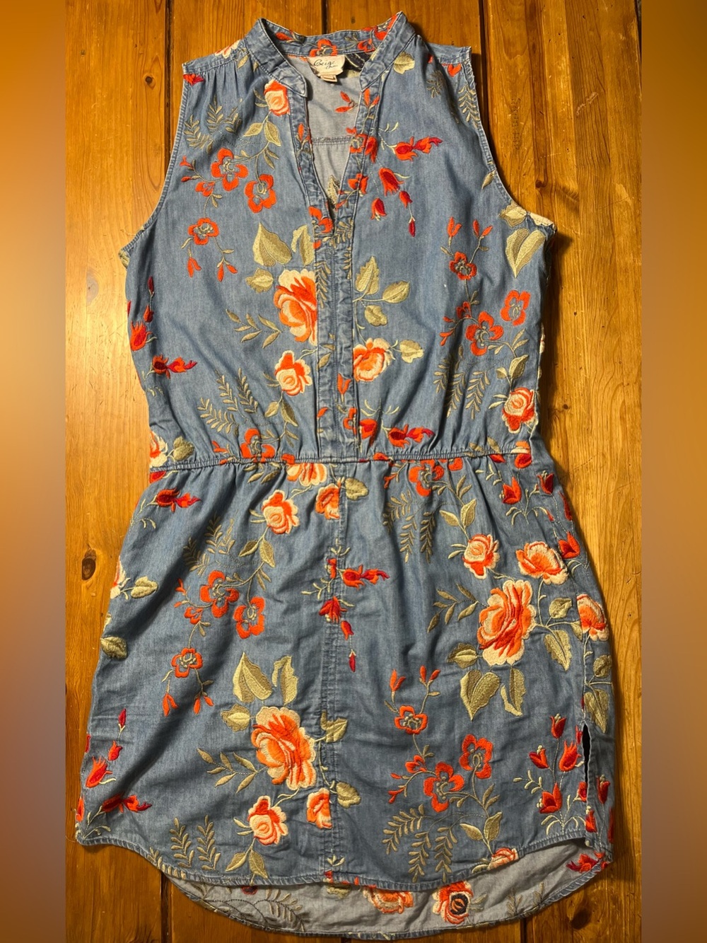 Beige by eci Blue Chambray Mini Dress with Orange Floral Embroidery